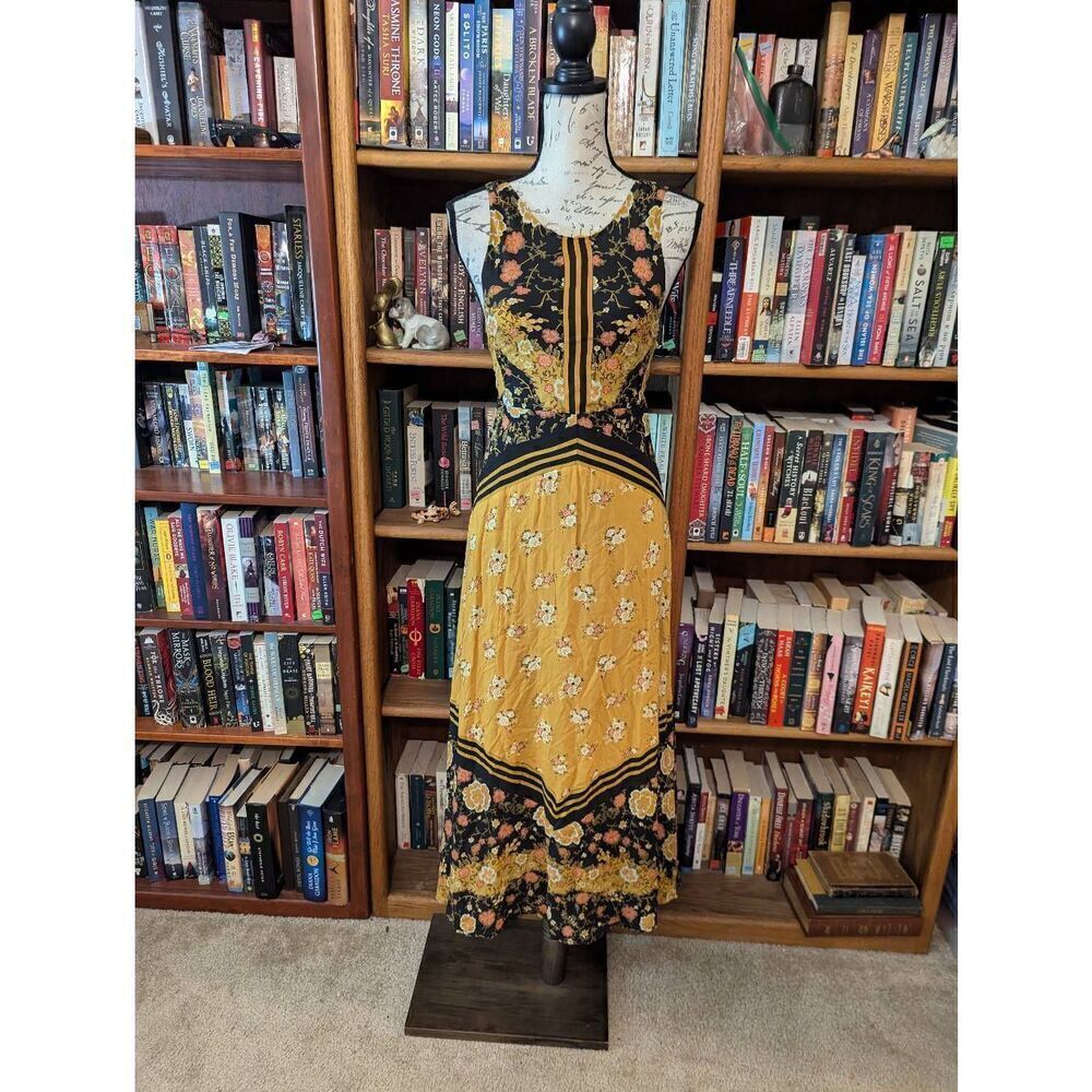 Free People Gold Black Floral Maxi V Back Sleeveless Long Maxi Dress Size 0